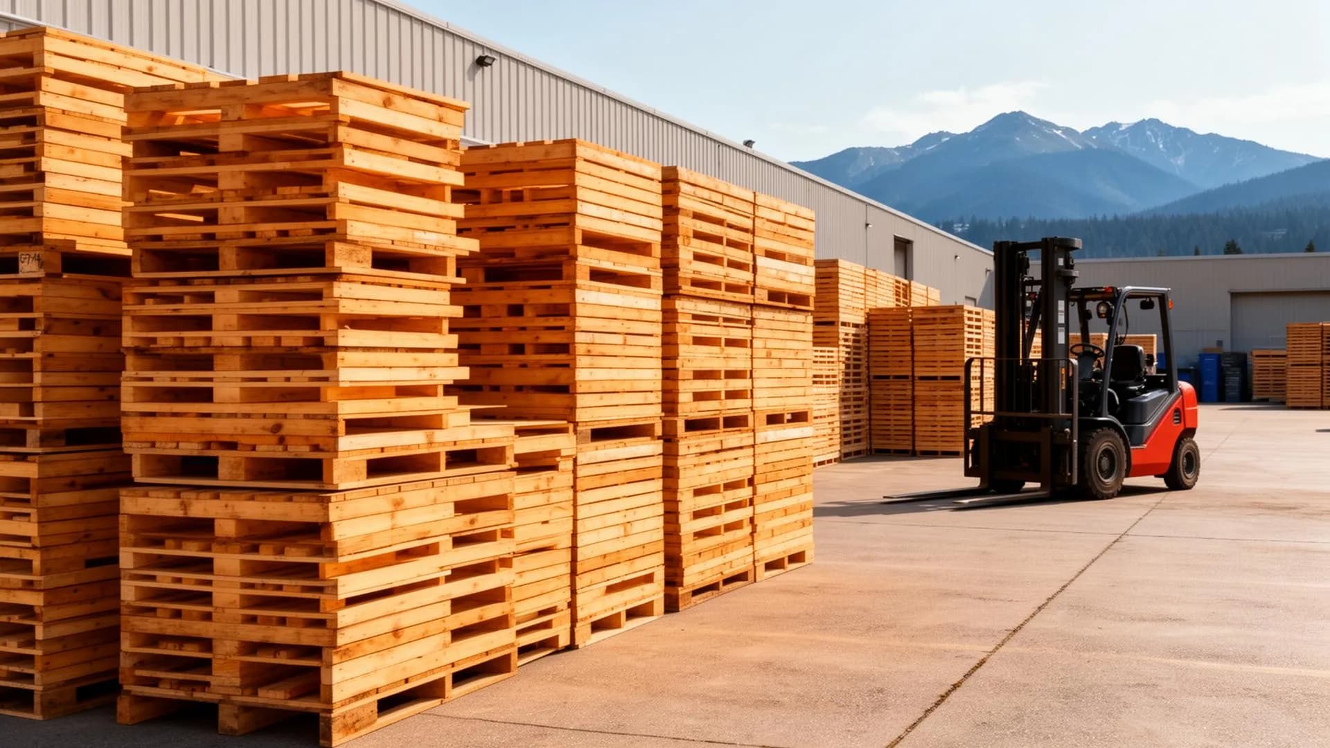 Stacked wooden pallets at a pallet yard with forklift and mountains in the background