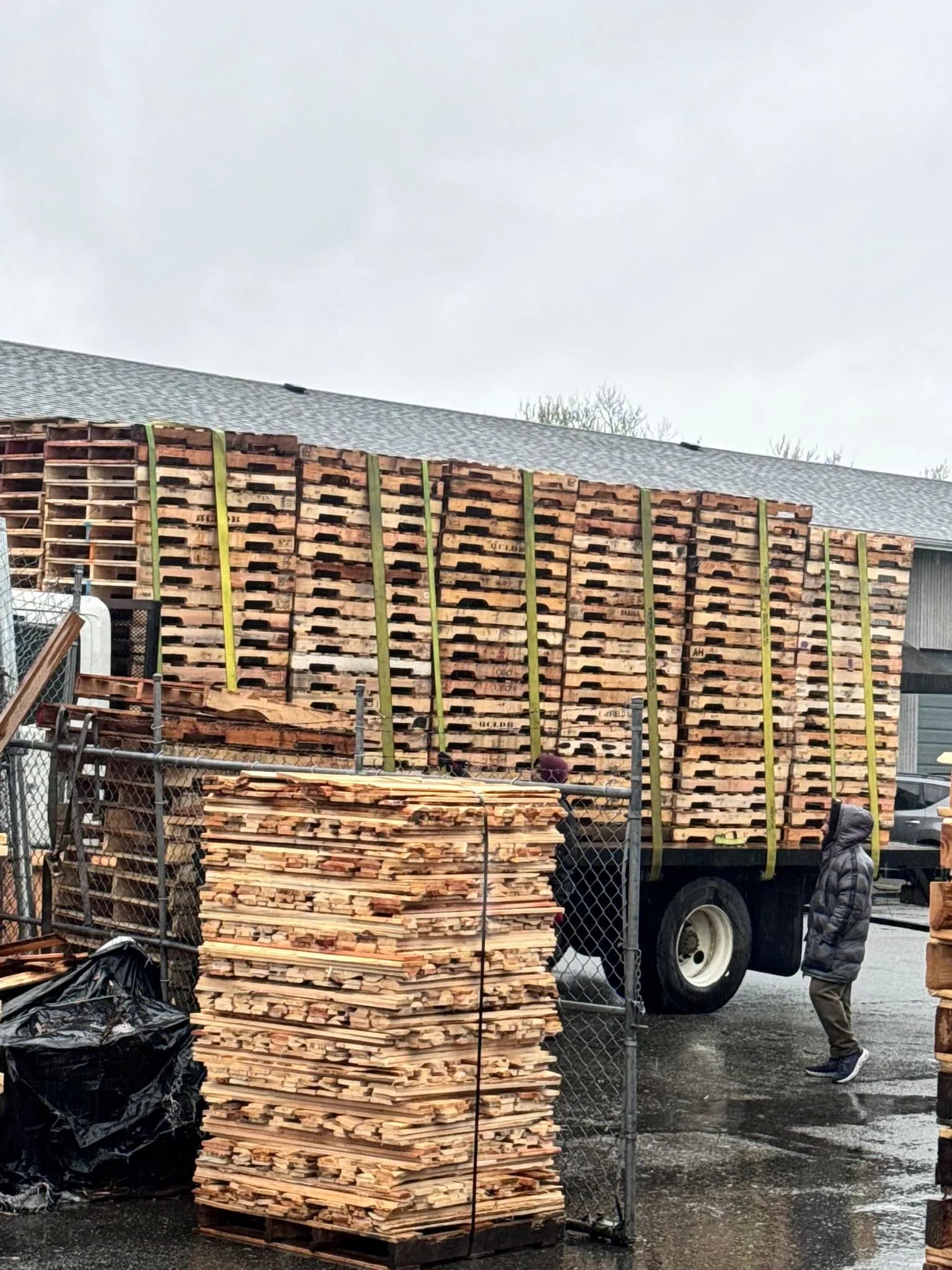 Worker loading pallets onto truck at Magic Pallets yard on a rainy day